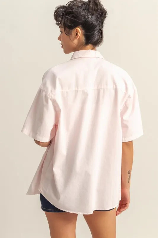 HYFVE Short Sleeve Button Down Oversized Shirt - Women's Down Shirt Tops by Trendsi | Available at Handbags Specialist Headquarter