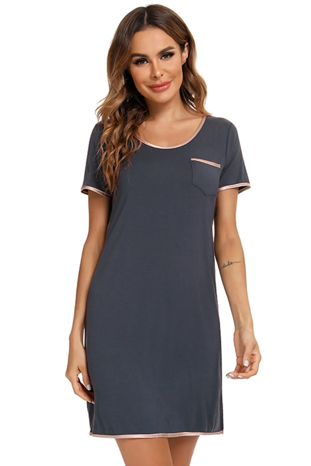 Contrast Trim Pocketed Round Neck Lounge Dress - Sleepwear by Trendsi | Available at Handbags Specialist Headquarter