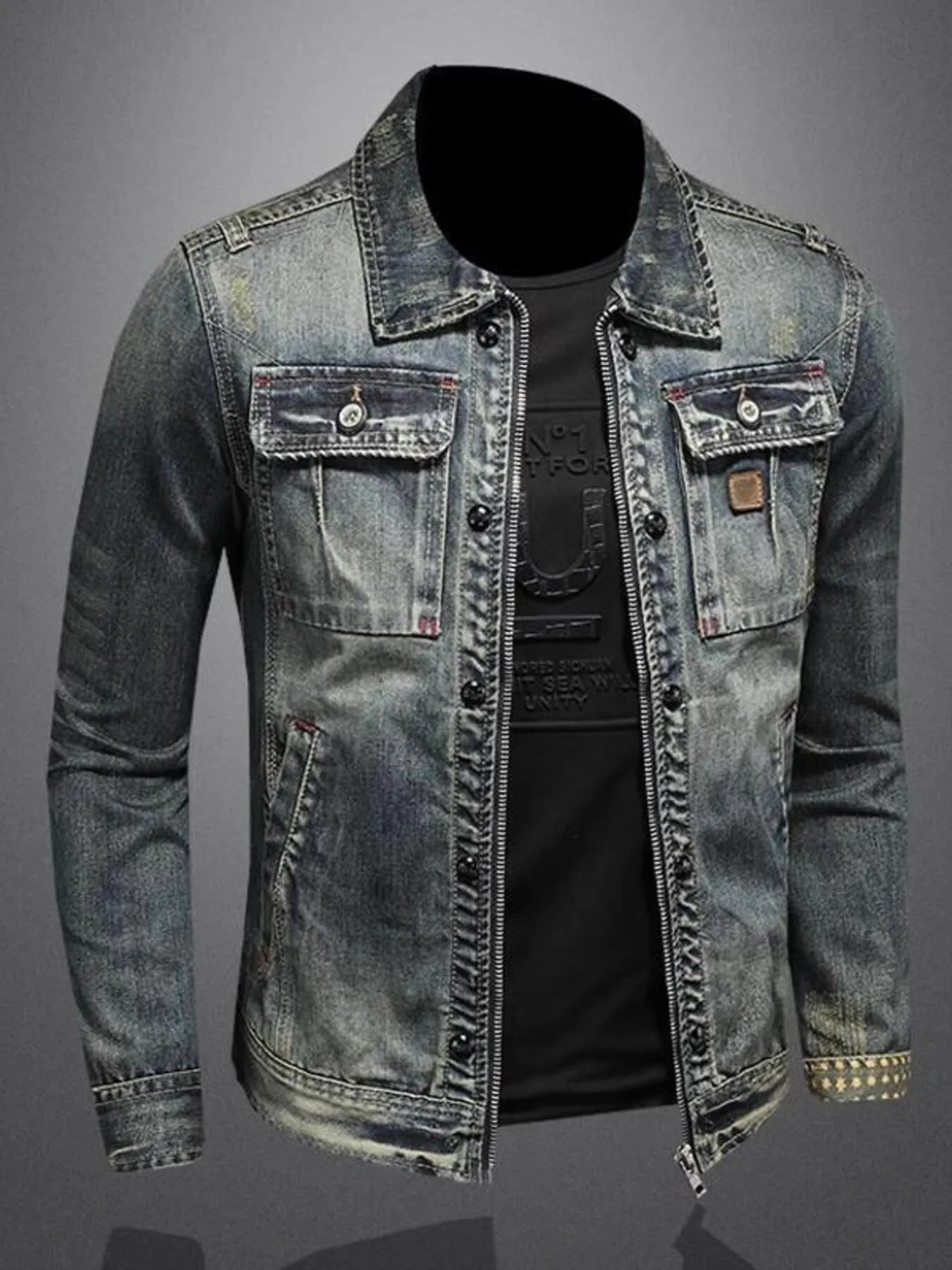Men's Plus Size Vintage Washed Zip Up Denim Jacket - Men's jackets by Trendsi | Available at Handbags Specialist Headquarter