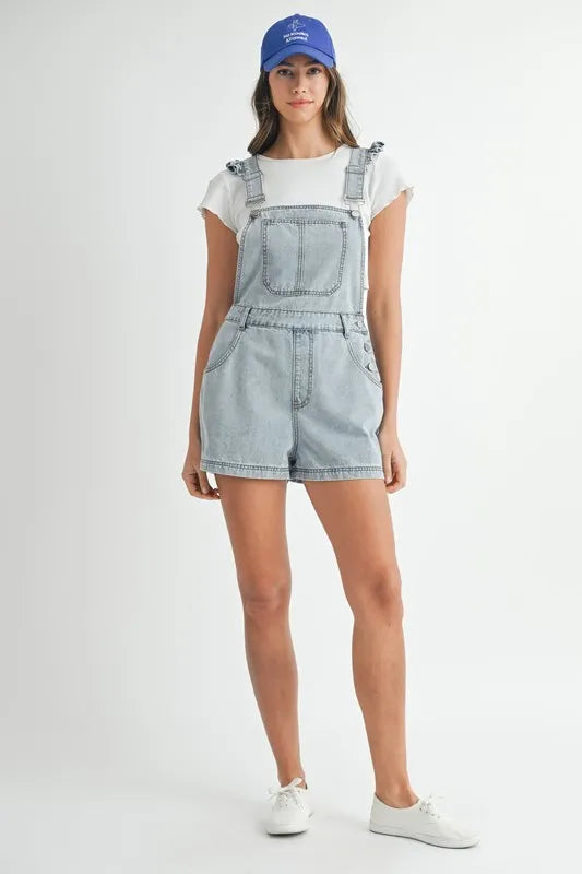 MABLE Square Neck Ruffle Shoulder Denim Overall Romper - Women / Jeans & Denim by Trendsi | Available at Handbags Specialist Headquarter