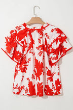 Plant Print Tiered Ruffled Sleeve Tie Neck Blouse - Tops by Trendsi | Available at Handbags Specialist Headquarter