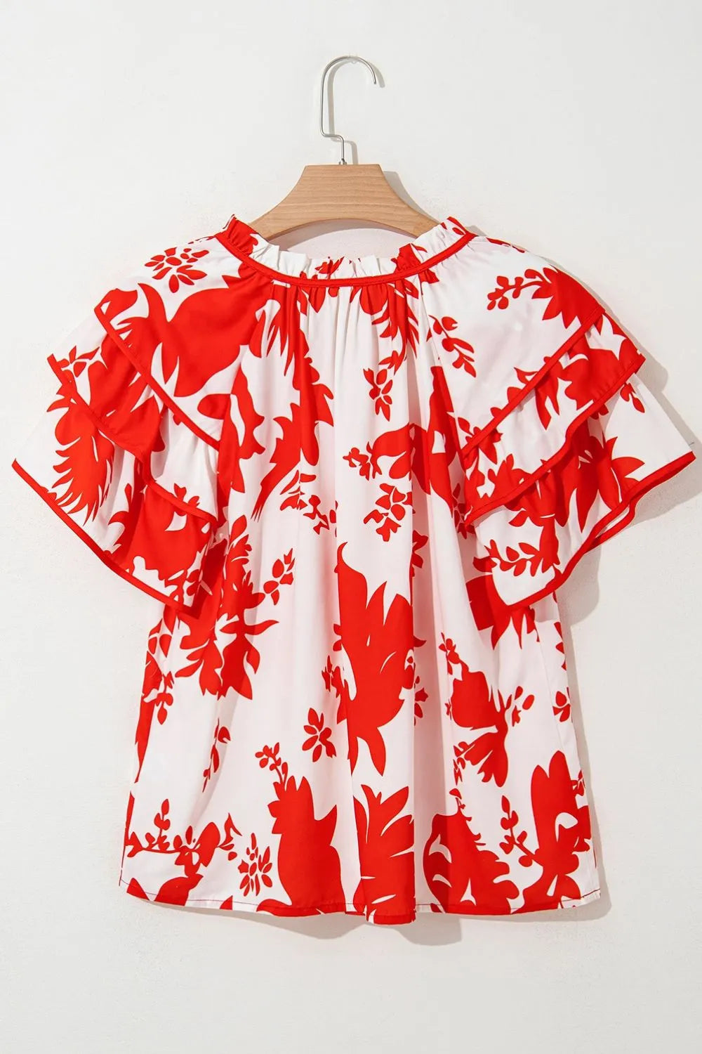 Plant Print Tiered Ruffled Sleeve Tie Neck Blouse - Tops by Trendsi | Available at Handbags Specialist Headquarter