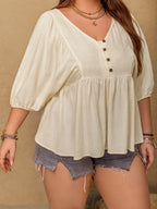 Plus Size Peplum V-Neck Half Sleeve Blouse - Plus Size Shirts by Trendsi | Available at Handbags Specialist Headquarter