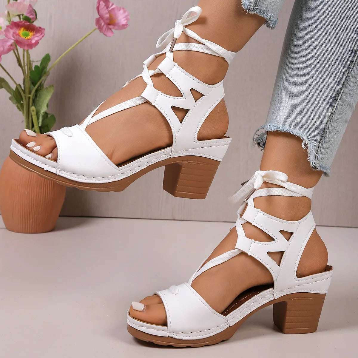 Lace-Up Block Heel Sandals - Women Sandals by Trendsi | Available at Handbags Specialist Headquarter