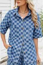 Button Down Checkered Denim Shirt - Women / Jeans & Denim by Trendsi | Available at Handbags Specialist Headquarter