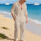 BreezeLuxe Linen Hooded Casual Set – Shirt & Pants