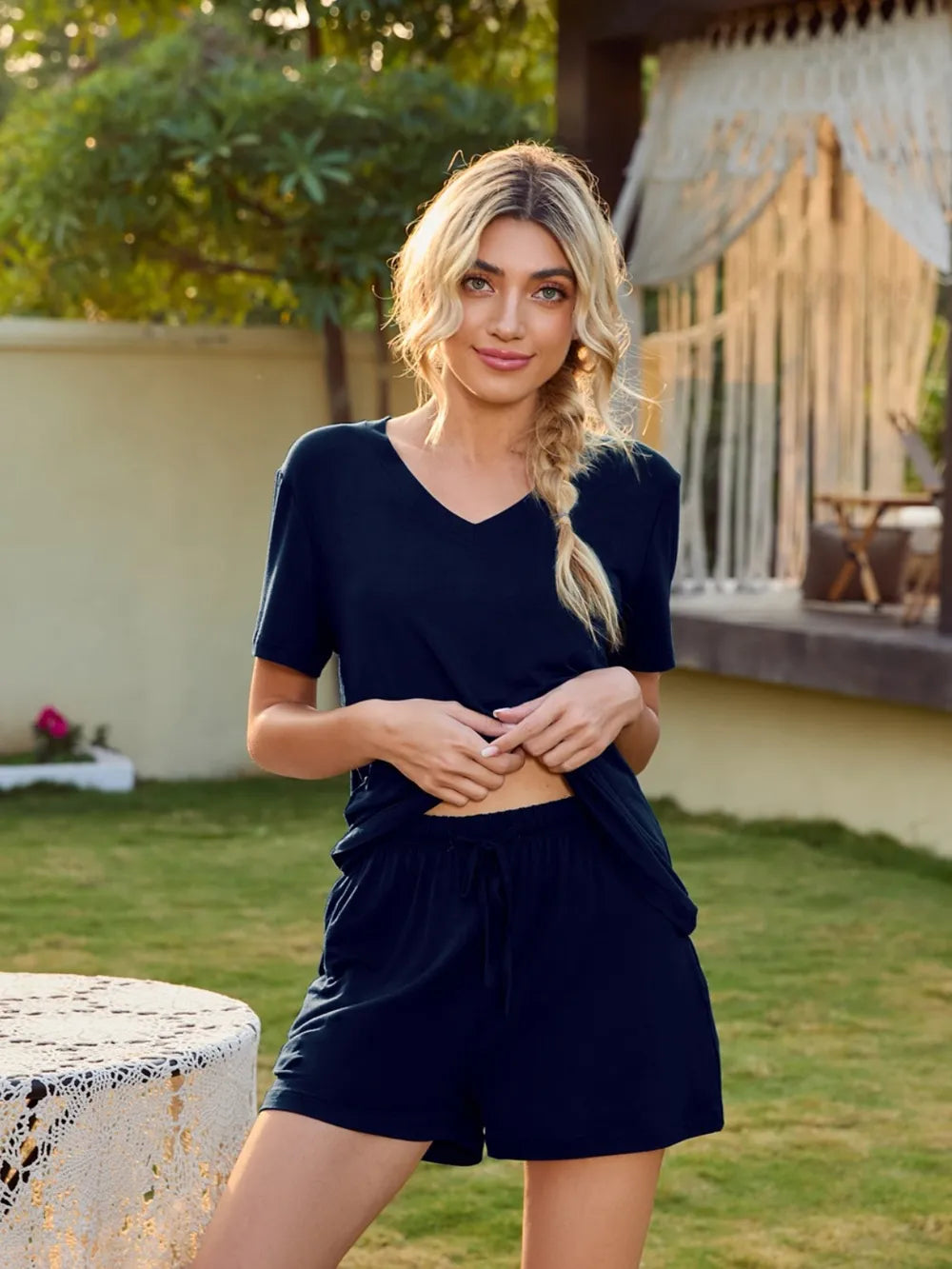 V-Neck Short Sleeve Top and Pocketed Shorts Lounge Set - sleepwear by Trendsi | Available at Handbags Specialist Headquarter