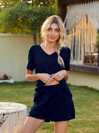 V-Neck Short Sleeve Top and Pocketed Shorts Lounge Set - sleepwear by Trendsi | Available at Handbags Specialist Headquarter