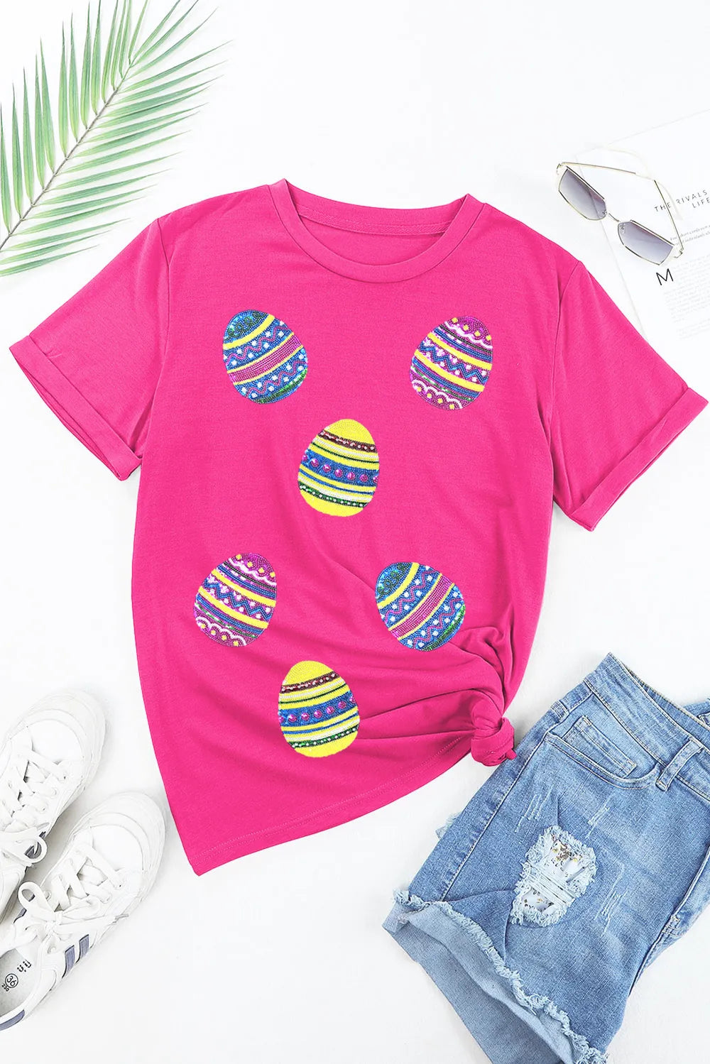 Sequin Easter Egg Short Sleeve T-Shirt - Tops by Trendsi | Available at Handbags Specialist Headquarter