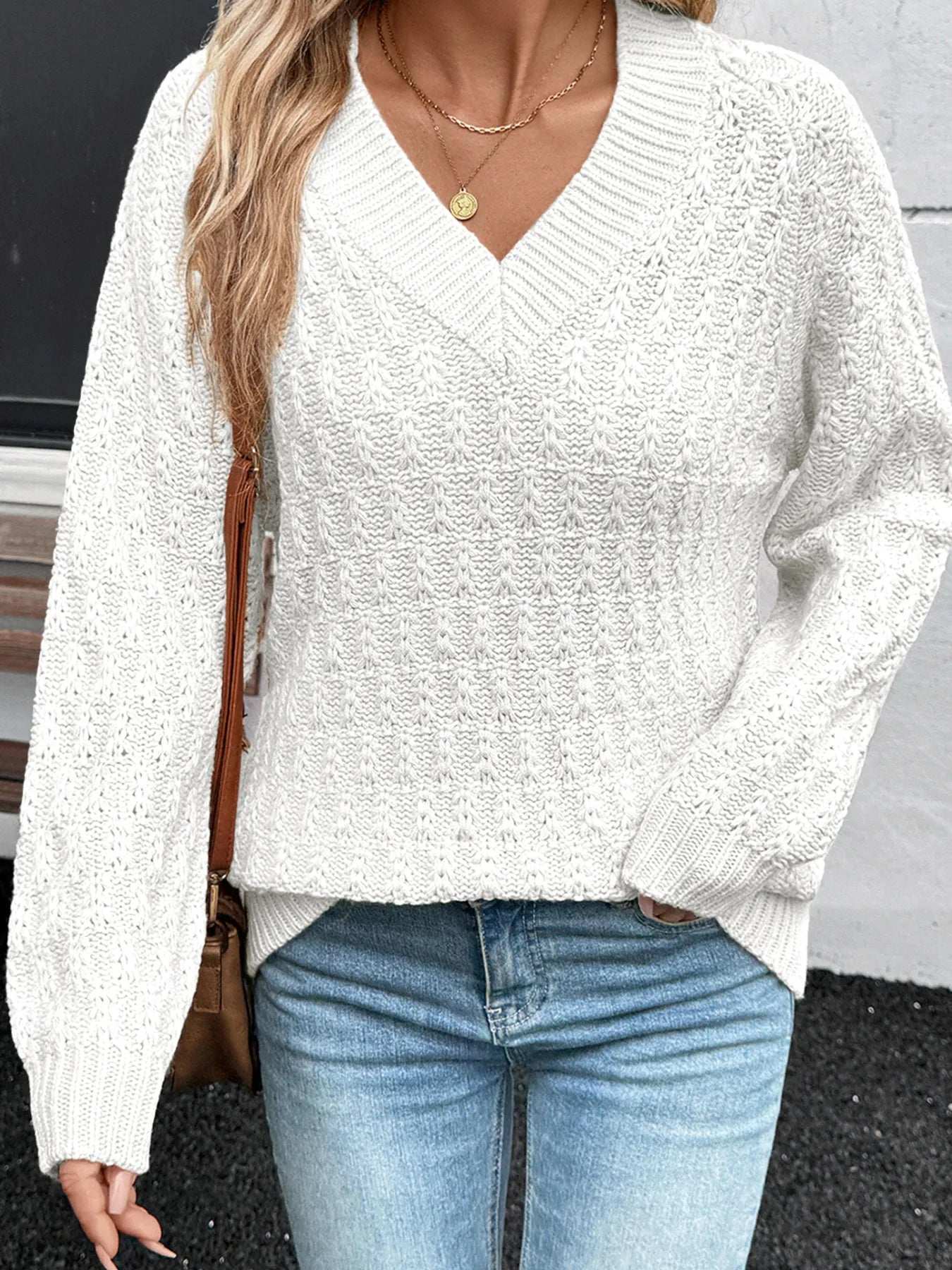 Textured Knit Ribbed Edge V Neck Loose Sweater - Tops by Trendsi | Available at Handbags Specialist Headquarter