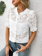 Button Down Half Sleeve Lace Shirt - Women's Down Shirt Tops by Trendsi | Available at Handbags Specialist Headquarter