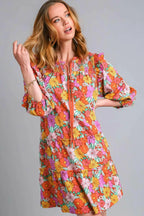 Umgee Full Size Ruffled Flower Print Tie Neck Tiered Dress Plus Size - Dresses by Trendsi | Available at Handbags Specialist Headquarter