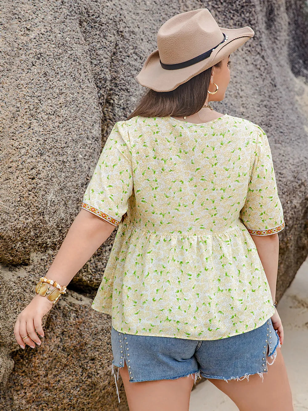 Plus Size Printed Tie Neck Half Sleeve Blouse - Plus Size Shirts by Trendsi | Available at Handbags Specialist Headquarter