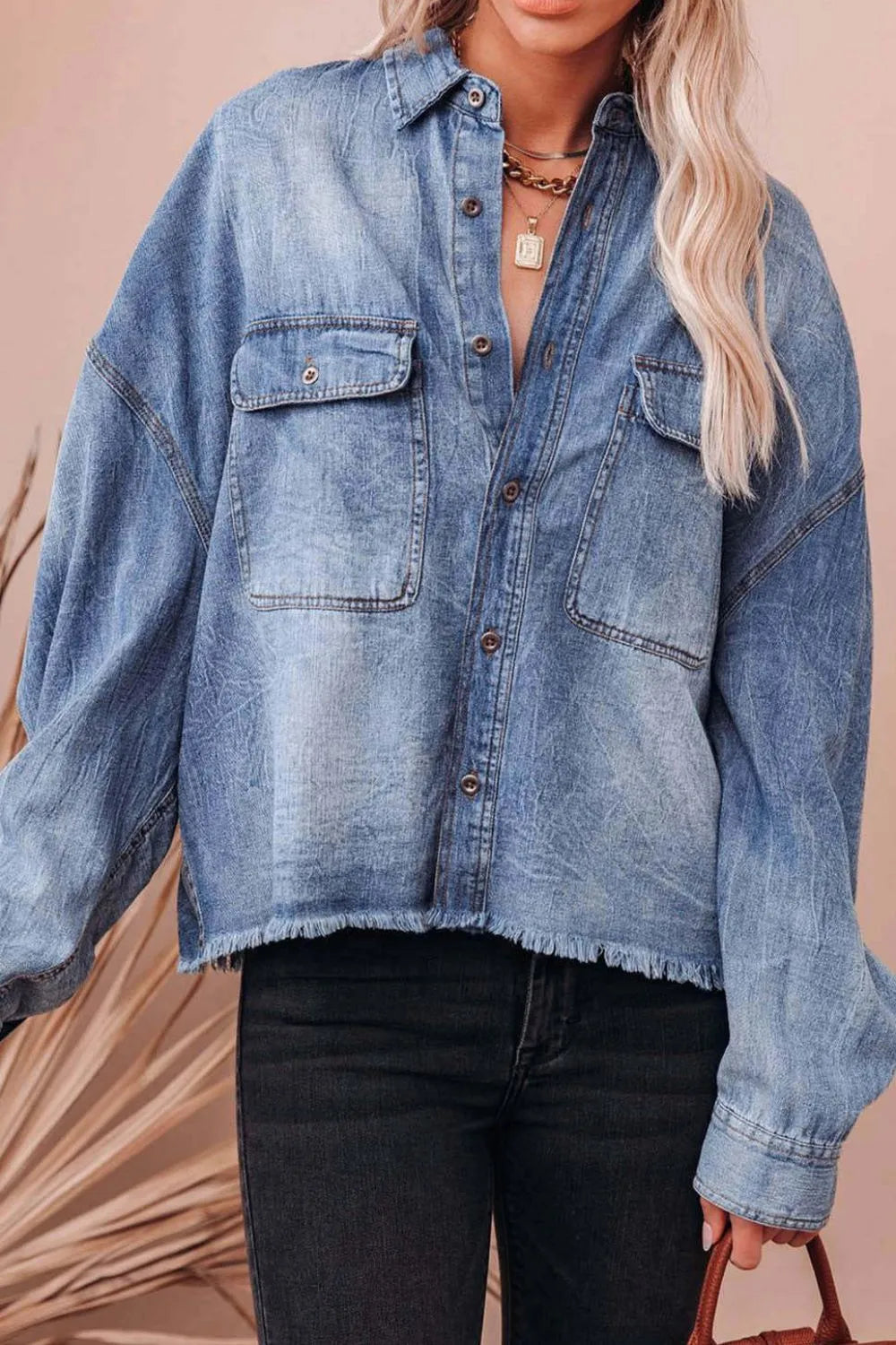 Collared Neck Raw Hem Long Sleeve Denim Shirt - Women / Jeans & Denim by Trendsi | Available at Handbags Specialist Headquarter
