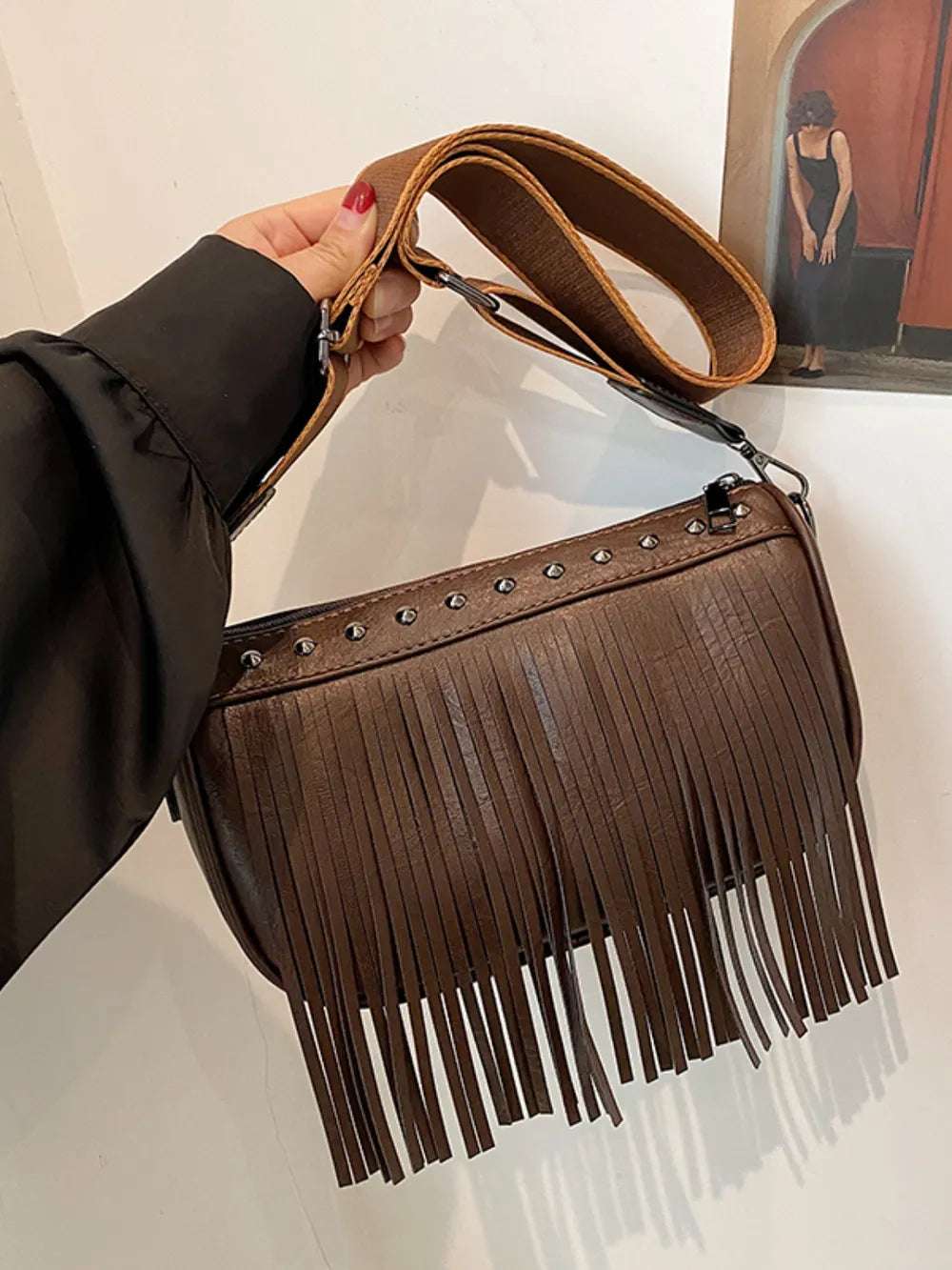 PU Leather Fringe Studded Crossbody Bag - Crossbody Bag by Trendsi | Available at Handbags Specialist Headquarter