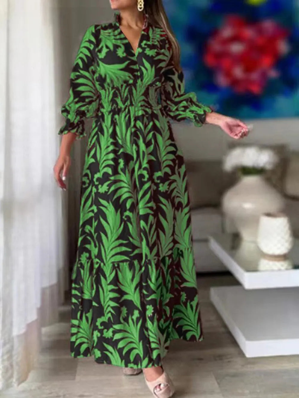 Printed Flounce Sleeve Maxi Dress - Maxi Dress by Trendsi | Available at Handbags Specialist Headquarter