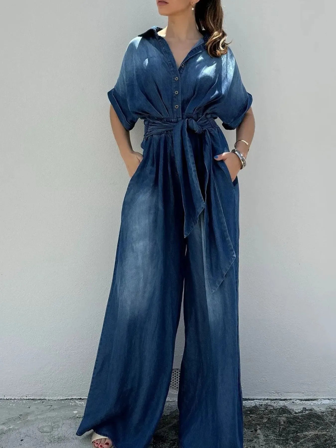 Button Front Wide Leg Denim Jumpsuit - Women / Jeans & Denim by Trendsi | Available at Handbags Specialist Headquarter