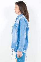 American Bazi Frayed Hem Distressed Denim Shirt Jacket - Women / Jeans & Denim by Trendsi | Available at Handbags Specialist Headquarter