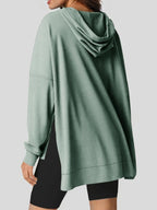 Slit Drawstring Waffle Knit Hoodie - Tops by Trendsi | Available at Handbags Specialist Headquarter