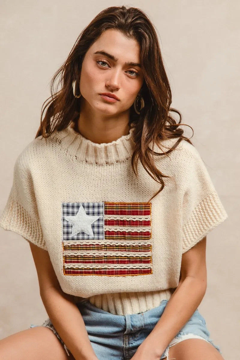 BiBi American Flag Patchwork Drop Shoulder Sweater - Tops by Trendsi | Available at Handbags Specialist Headquarter