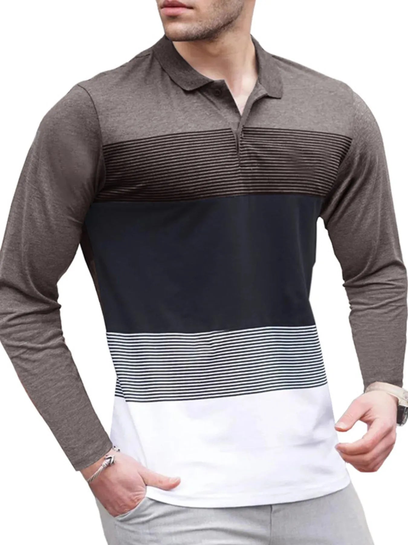 Men's Color Block Striped Long Sleeve Polo Shirt - Men's Polo shirt by Trendsi | Available at Handbags Specialist Headquarter