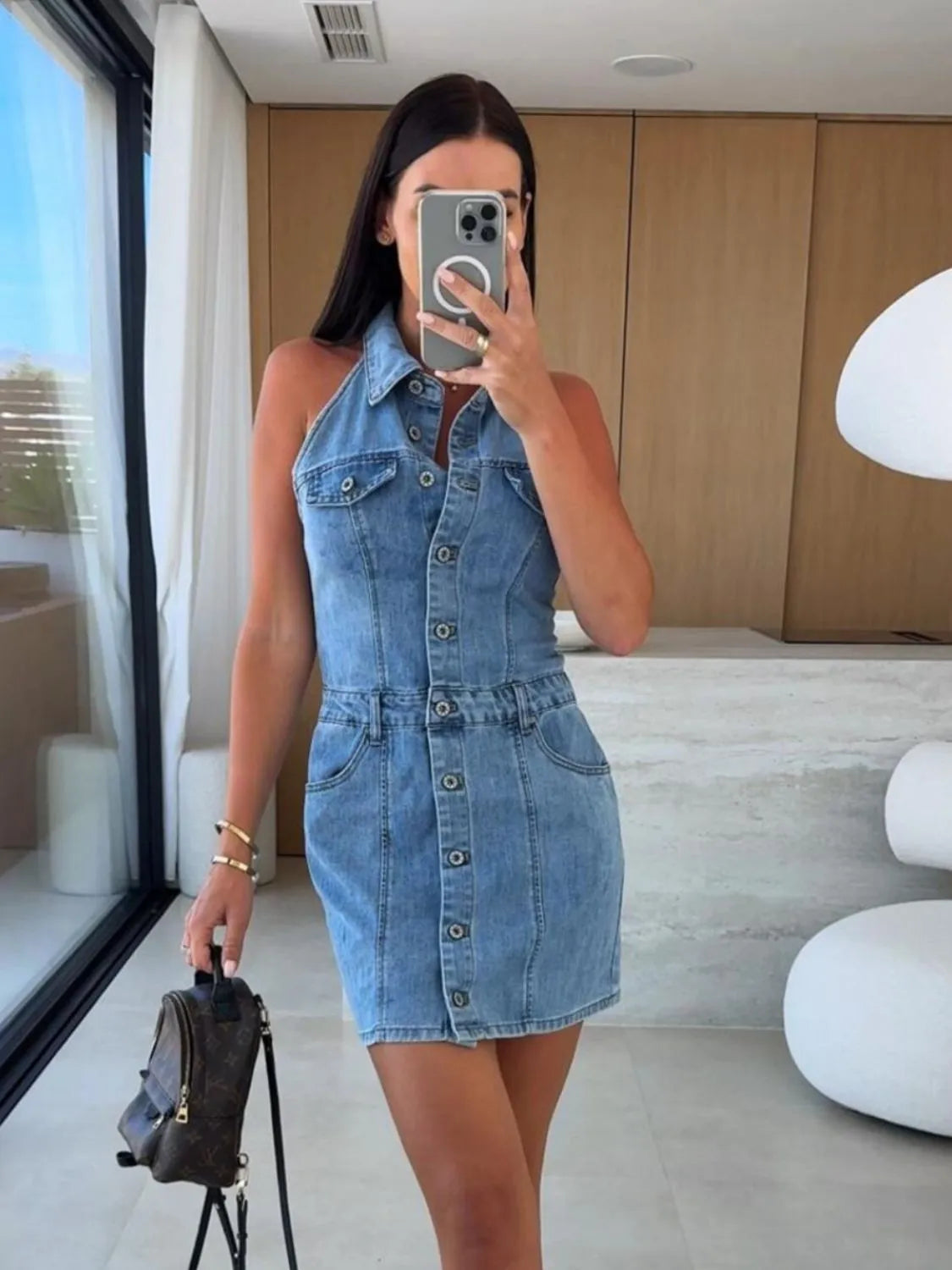 Button Front Sleeveless Denim Mini Dress - Women / Jeans & Denim by Trendsi | Available at Handbags Specialist Headquarter