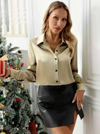 Collared Neck Button Down Long Sleeve Shirt - Women's Down Shirt Tops by Trendsi | Available at Handbags Specialist Headquarter