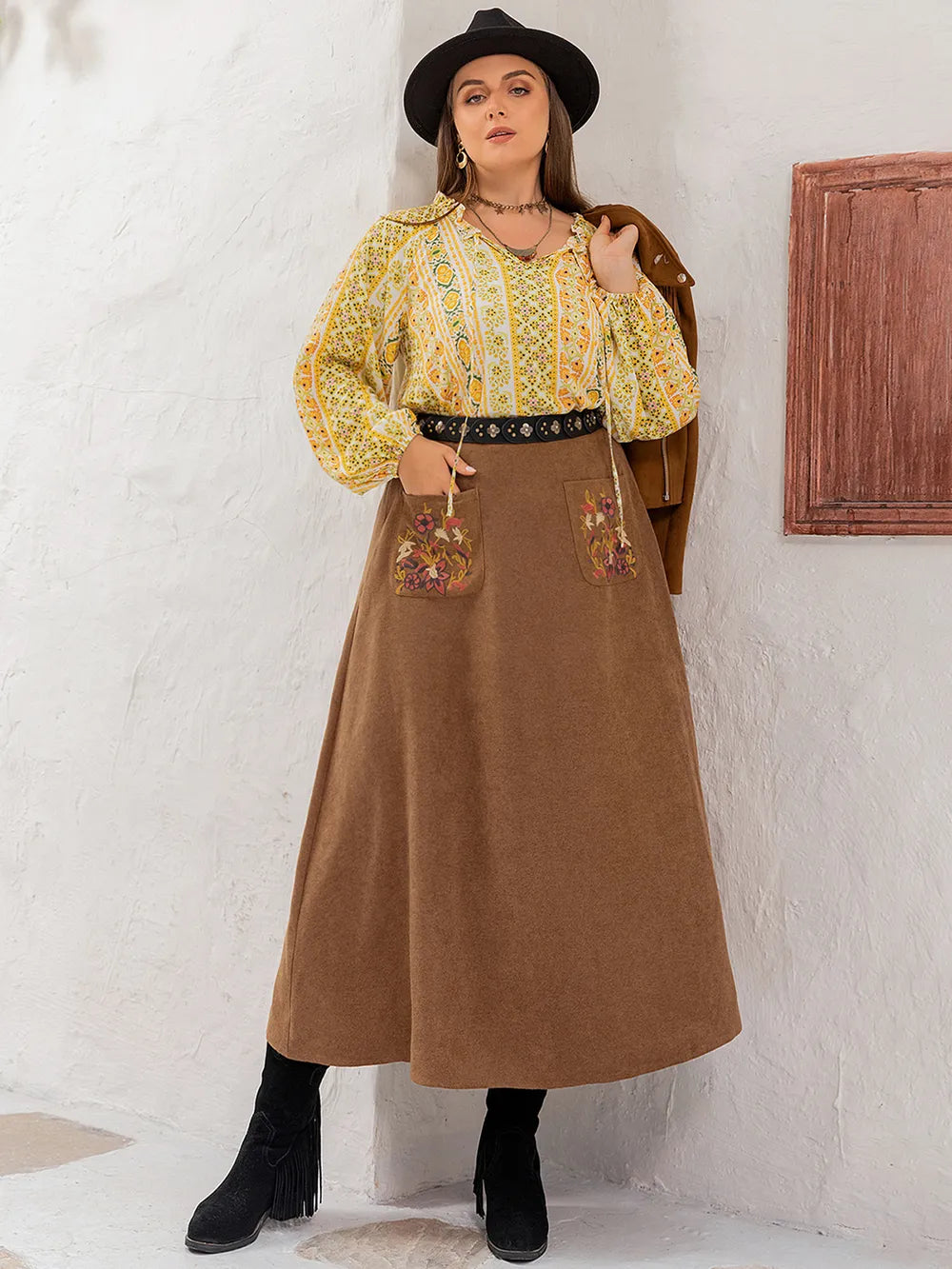 Plus Size Embroidered Pocketed High Waist Skirt -  by Trendsi | Available at Handbags Specialist Headquarter