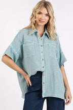 Mittoshop Mineral Wash Gauze Oversized Short Sleeve Shirt - Women / Jeans & Denim by Trendsi | Available at Handbags Specialist Headquarter