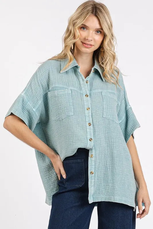 Mittoshop Mineral Wash Gauze Oversized Short Sleeve Shirt - Women / Jeans & Denim by Trendsi | Available at Handbags Specialist Headquarter