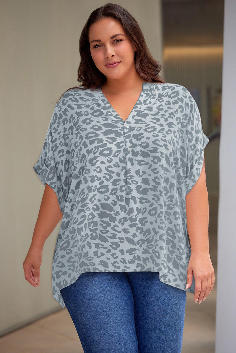 Plus Size Printed Notched Neck Half Sleeve Top - Plus Size Shirts by Trendsi | Available at Handbags Specialist Headquarter
