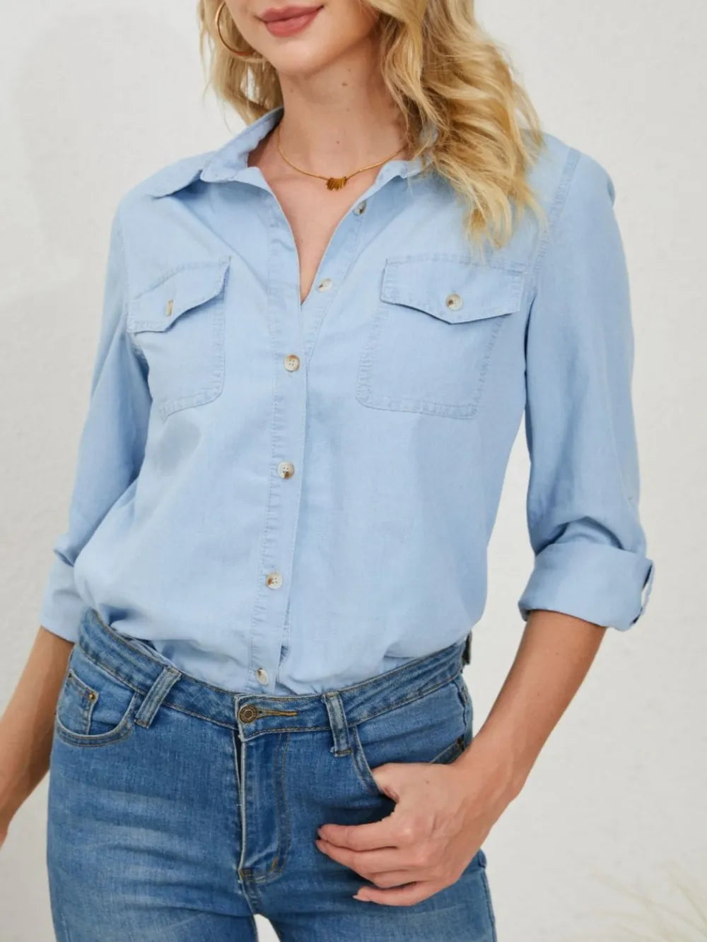 Pocketed Button Up Long Sleeve Denim Shirt - Women / Jeans & Denim by Trendsi | Available at Handbags Specialist Headquarter