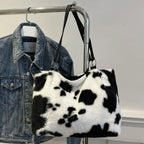 Cow Print Furry Tote Bag - Tote Bag by Trendsi | Available at Handbags Specialist Headquarter