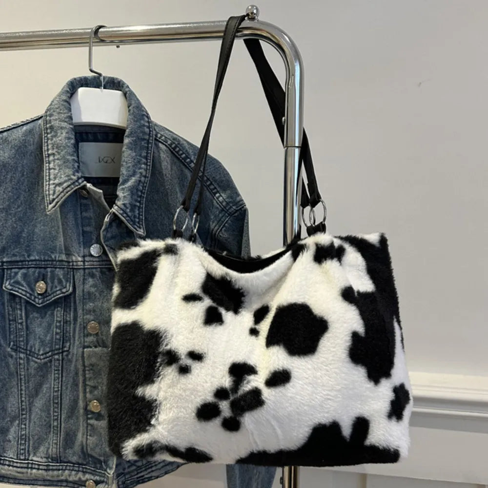 Cow Print Furry Tote Bag - Tote Bag by Trendsi | Available at Handbags Specialist Headquarter