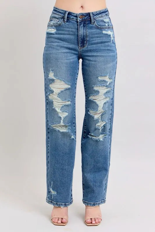 Judy Blue Full Size High Waist Heavy Destroy Straight Jeans Plus Size - Women / Jeans & Denim by Trendsi | Available at Handbags Specialist Headquarter