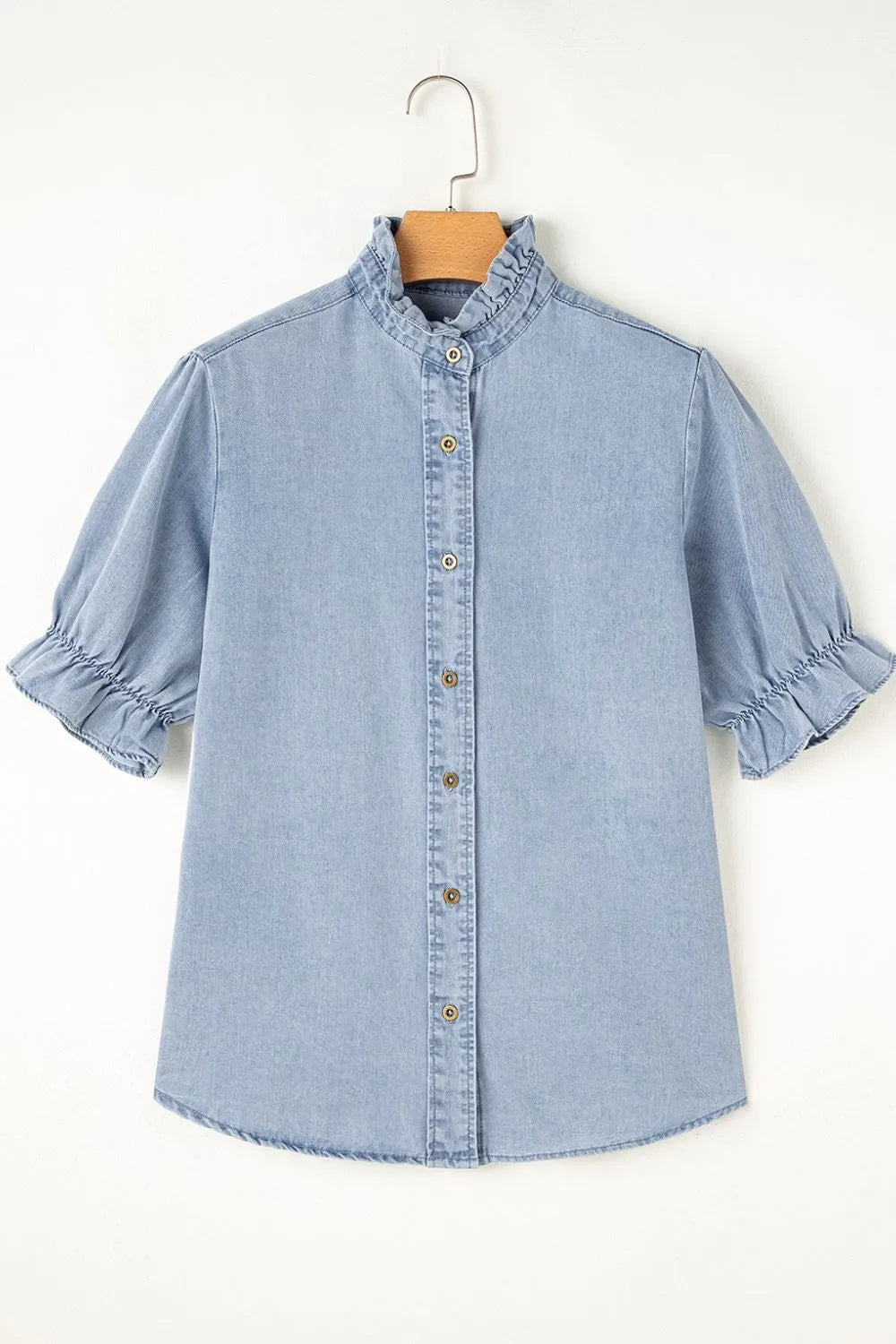 Ruffle Short Puff Sleeve Button Down Denim Shirt - Women / Jeans & Denim by Trendsi | Available at Handbags Specialist Headquarter