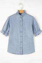 Ruffle Short Puff Sleeve Button Down Denim Shirt - Women / Jeans & Denim by Trendsi | Available at Handbags Specialist Headquarter