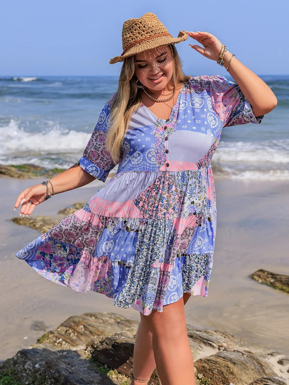 Plus Size Printed V-Neck Tiered Mini Dress - Dresses by Trendsi | Available at Handbags Specialist Headquarter