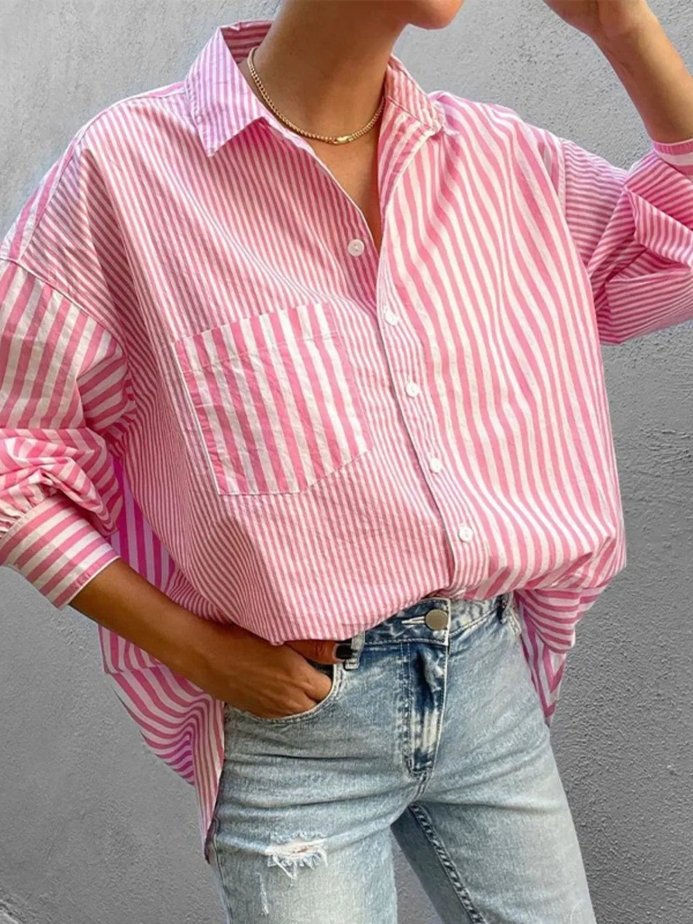 Striped Button Down Long Sleeve Shirt - Women's Down Shirt Tops by Trendsi | Available at Handbags Specialist Headquarter