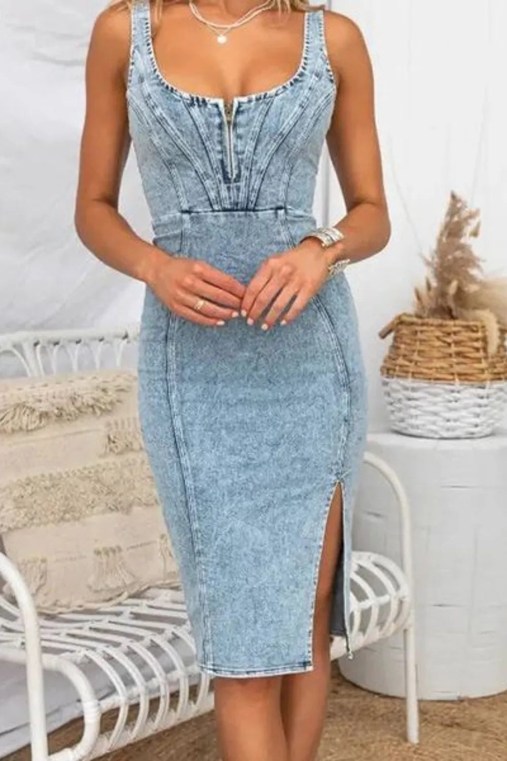 Side Slit Washed Scoop Neck Denim Dress - Women / Jeans & Denim by Trendsi | Available at Handbags Specialist Headquarter
