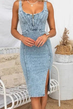 Side Slit Washed Scoop Neck Denim Dress - Women / Jeans & Denim by Trendsi | Available at Handbags Specialist Headquarter