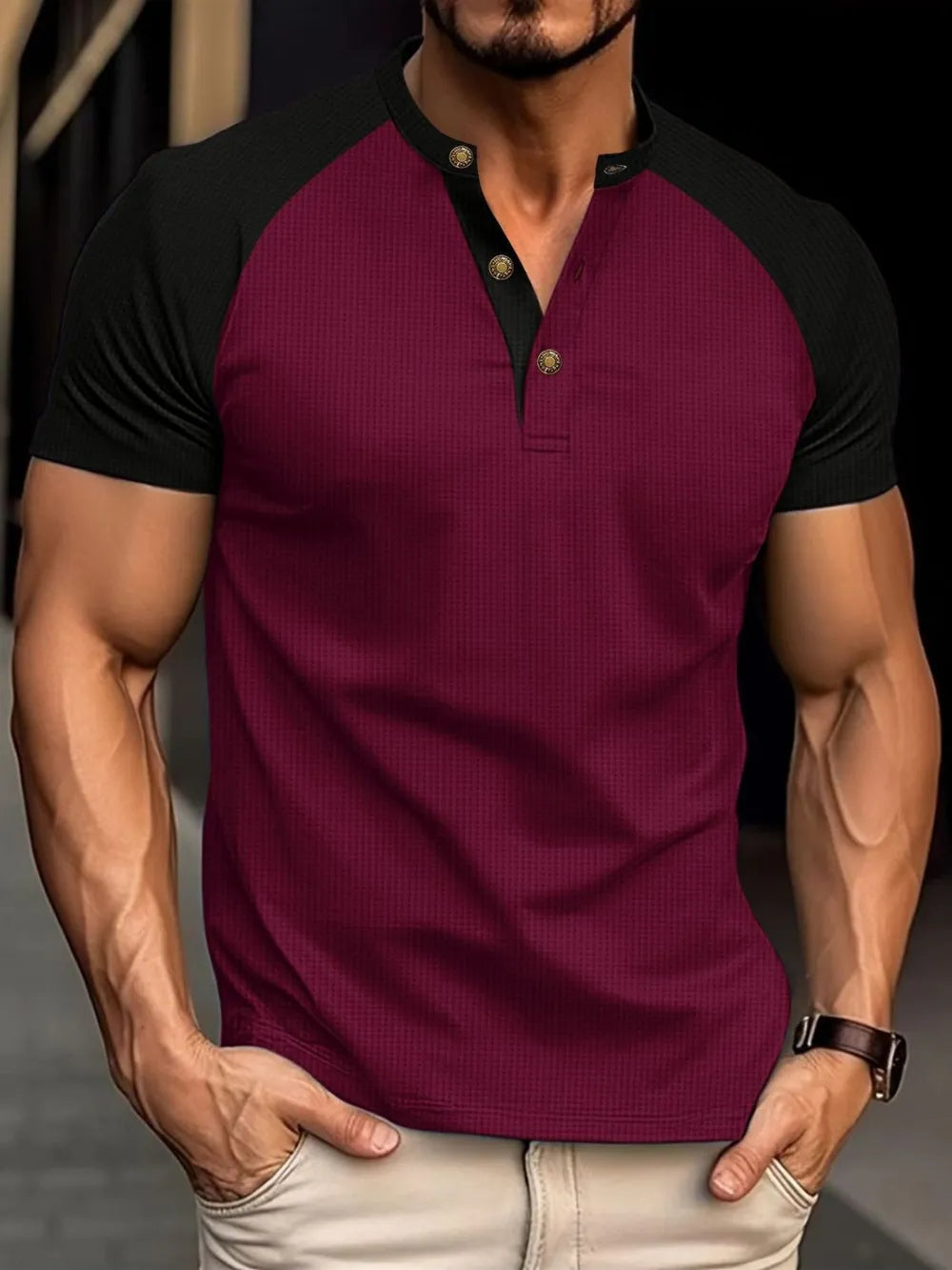 Men's Full Size Waffle-Knit Round Neck Contrast Polo Plus Size - Men's Polo shirt by Trendsi | Available at Handbags Specialist Headquarter