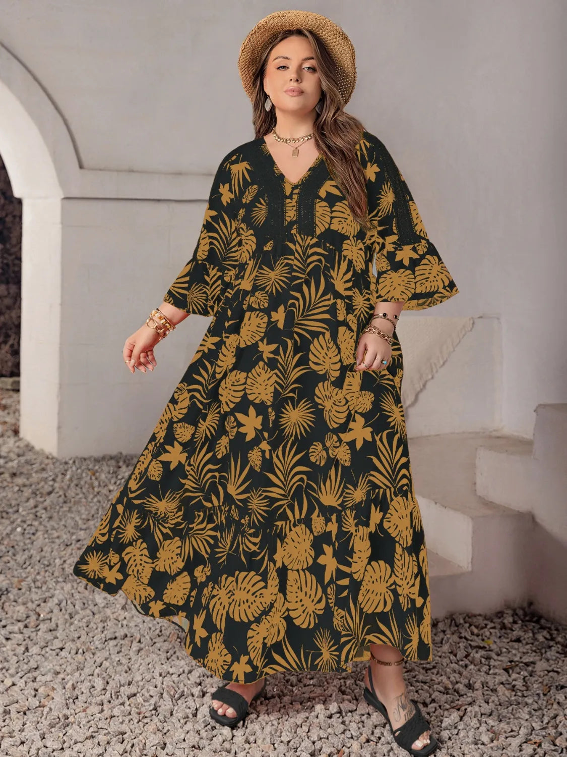 Plus Size Lace Detail Tropical Print Three-Quarter Sleeve Maxi Dress - Dresses by Trendsi | Available at Handbags Specialist Headquarter