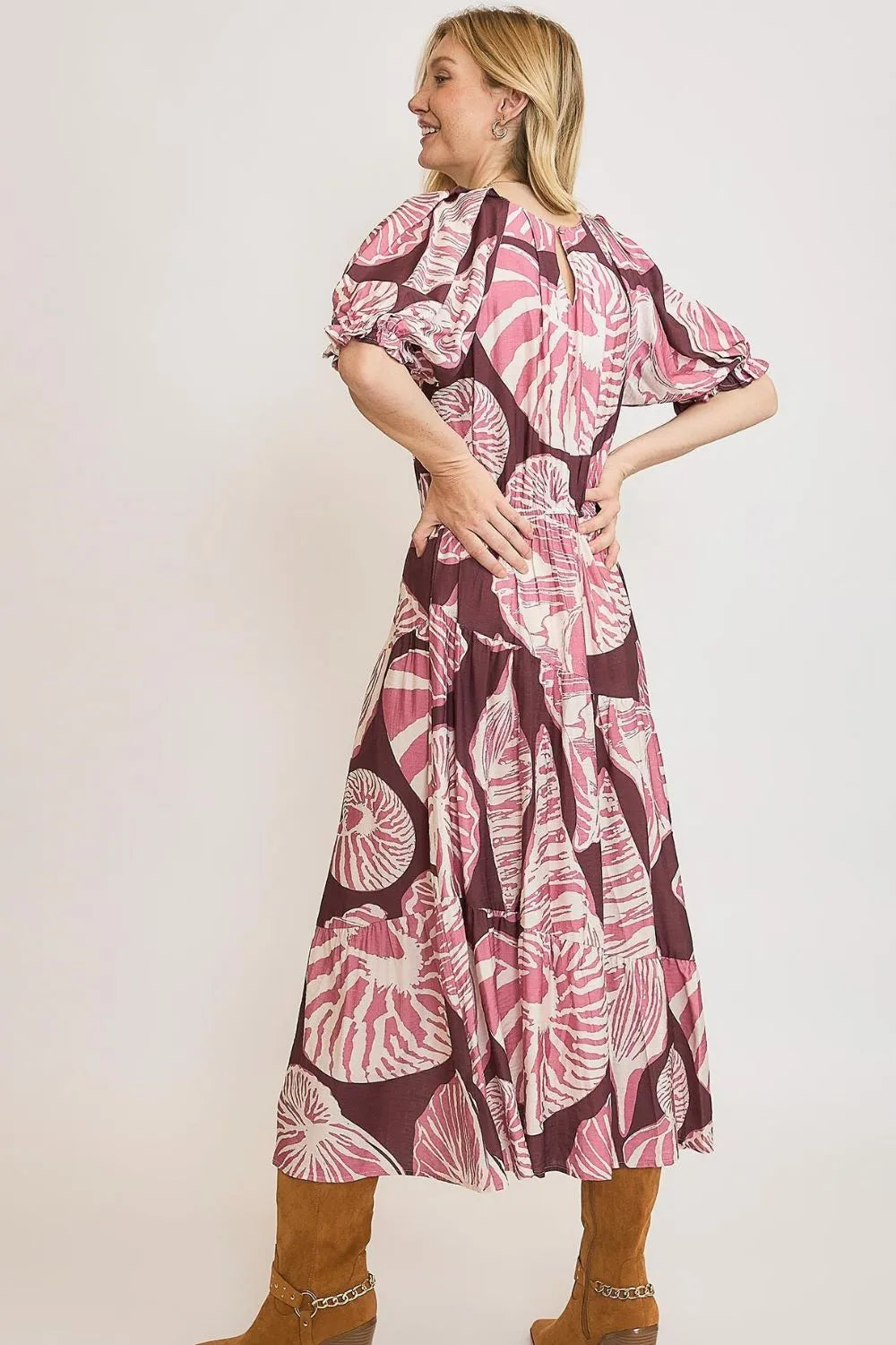 Umgee Full Size Printed Notched Puff Sleeve Midi Dress Plus Size - Dresses by Trendsi | Available at Handbags Specialist Headquarter