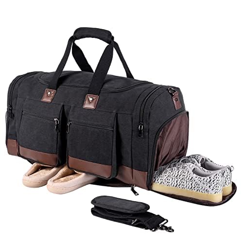 Black duffel bag with brown accents, two front pockets, and a side shoe compartment with sneakers.