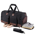 Black duffel bag with brown accents, two front pockets, and a side shoe compartment with sneakers.