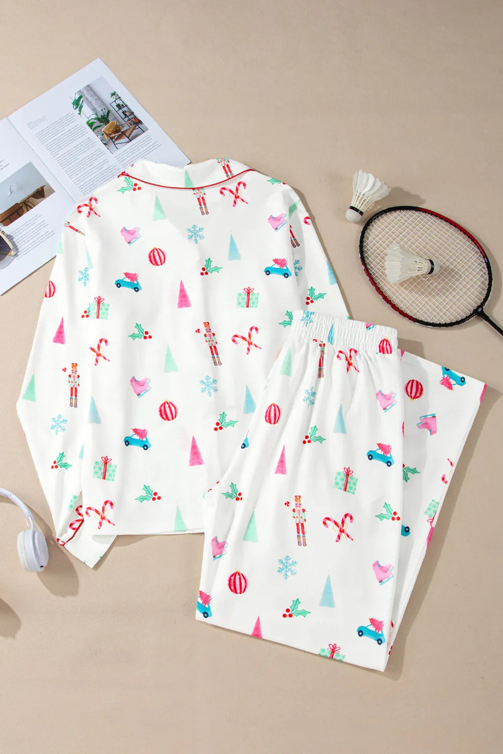 Christmas Printed Collared Neck Top and Pants Lounge Set - Sleepwear by Trendsi | Available at Handbags Specialist Headquarter