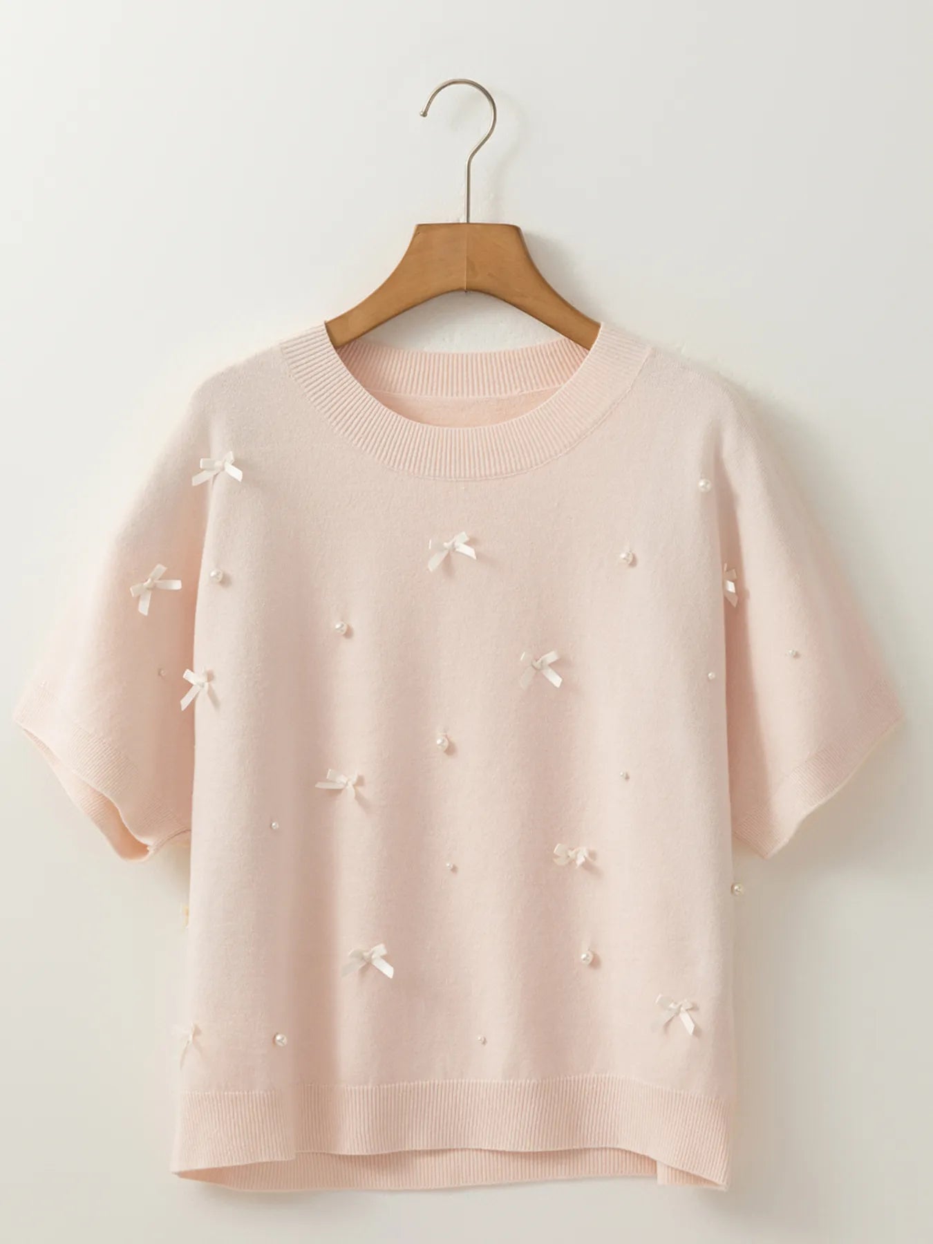 Pearl Embellished Bow Detail Short Sleeve Sweater - Tops by Trendsi | Available at Handbags Specialist Headquarter
