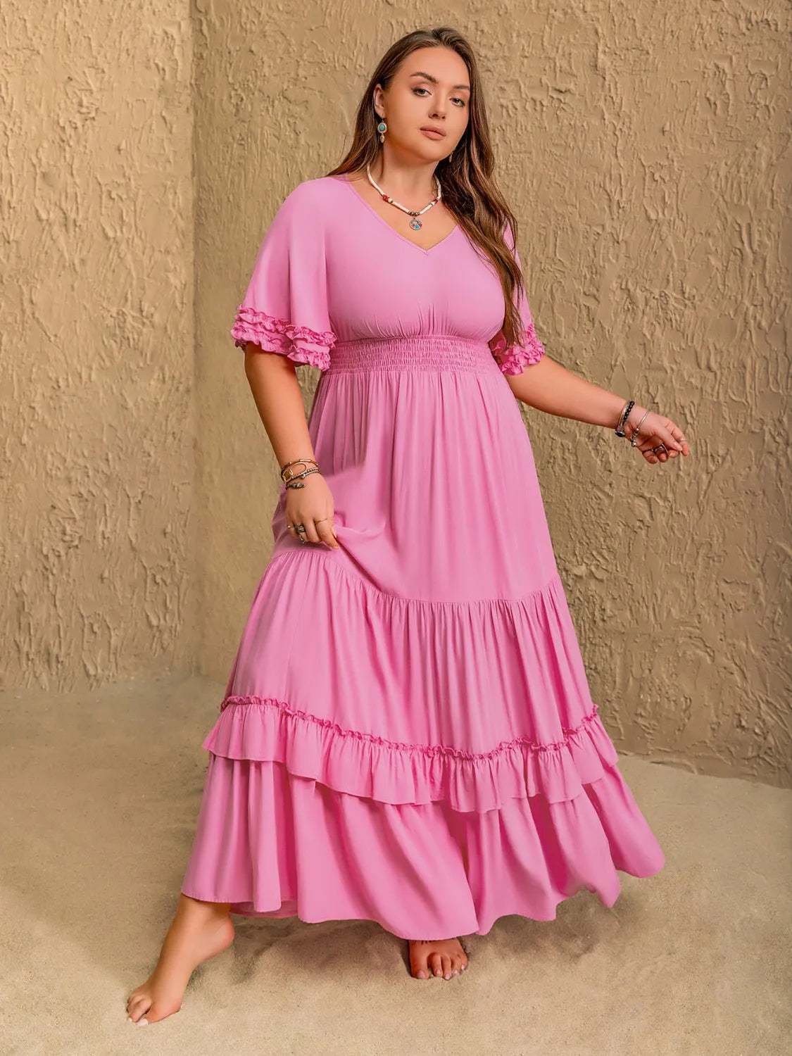 Plus Size V-Neck Half Sleeve Maxi Dress - Dresses by Trendsi | Available at Handbags Specialist Headquarter