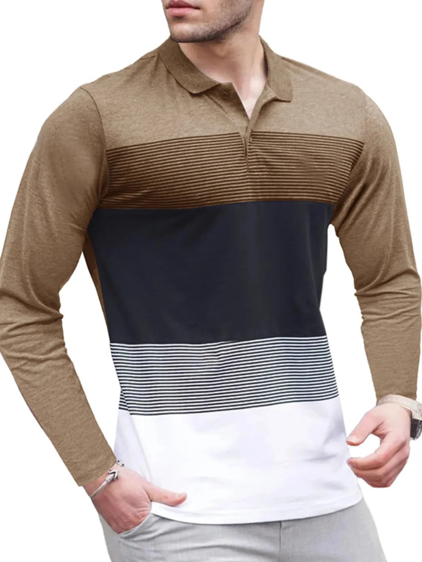 Men's Color Block Striped Long Sleeve Polo Shirt - Men's Polo shirt by Trendsi | Available at Handbags Specialist Headquarter